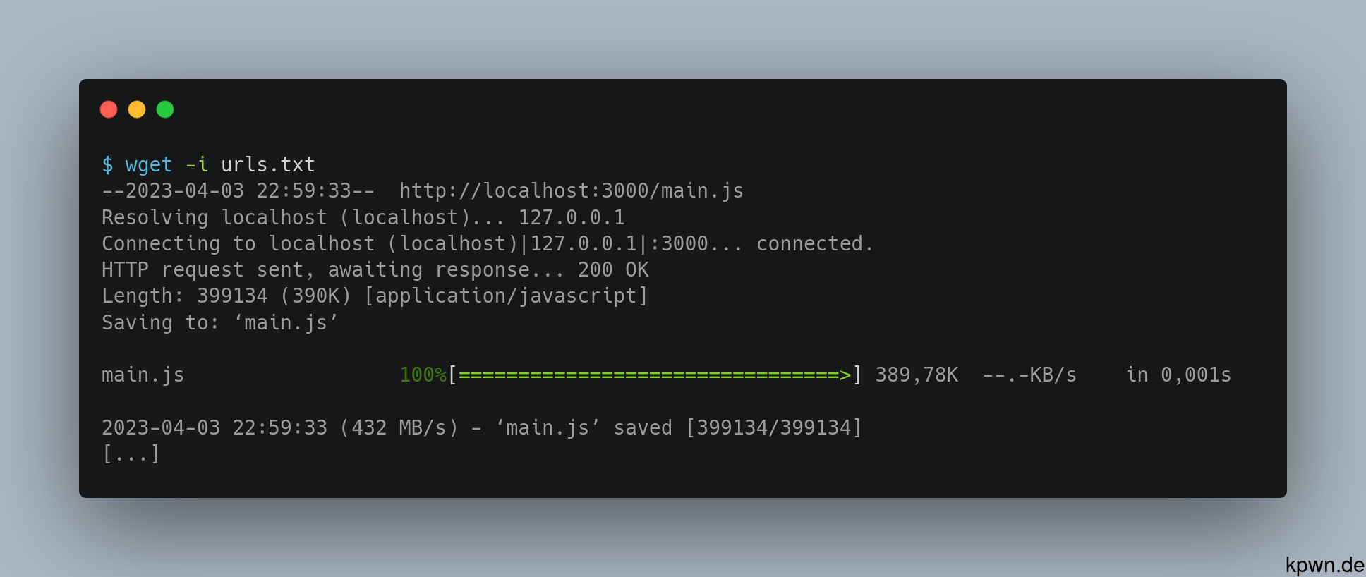 Screenshot of the console executing wget -i urls.txt. The output shows that a JavaScript file is being downloaded.